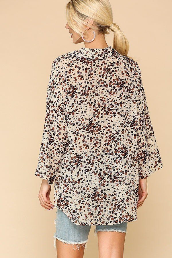 Animal Print Button-Down Shirt with Lapel Collar – Cream Mix