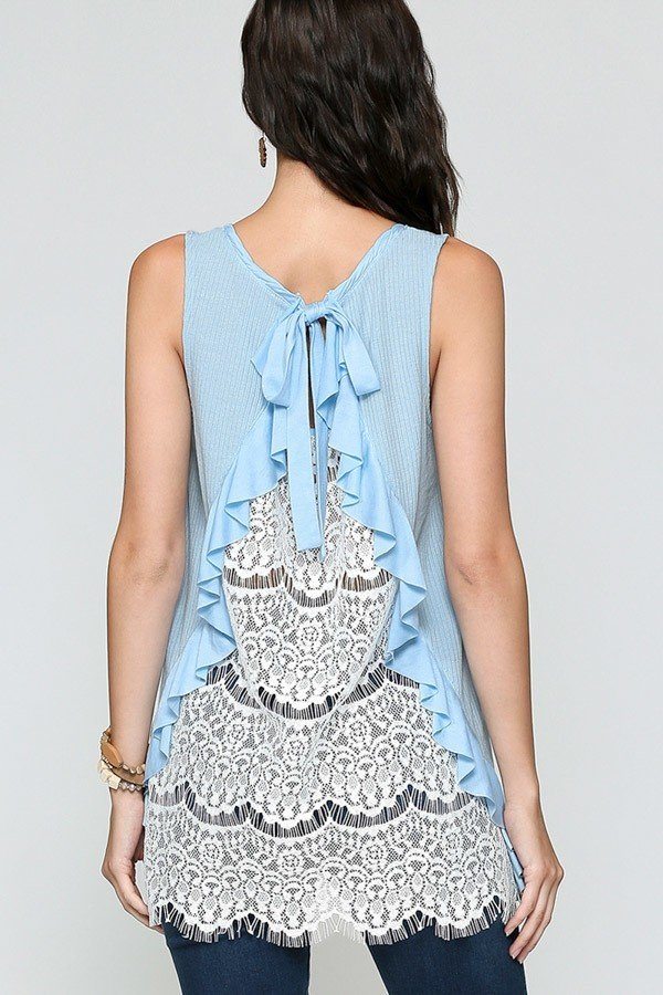 Lace-Back Ruffle Sleeveless Tank Top – Light Blue