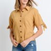 Short-Sleeve Button-Up Top with Tie Sleeves – Mustard