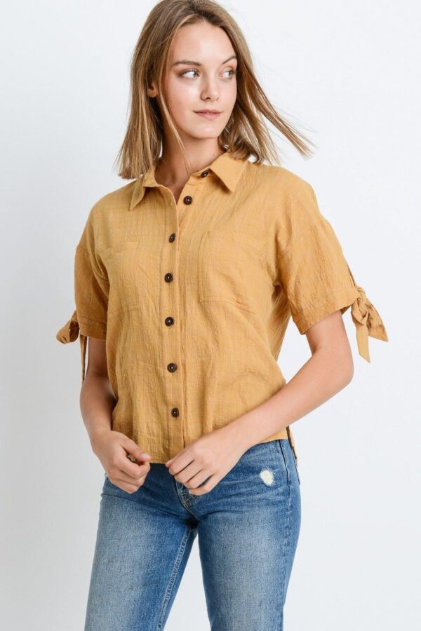 Short-Sleeve Button-Up Top with Tie Sleeves – Mustard