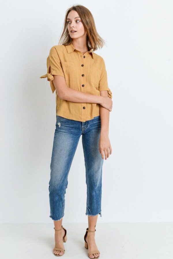 Short-Sleeve Button-Up Top with Tie Sleeves – Mustard