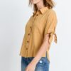 Short-Sleeve Button-Up Top with Tie Sleeves – Mustard