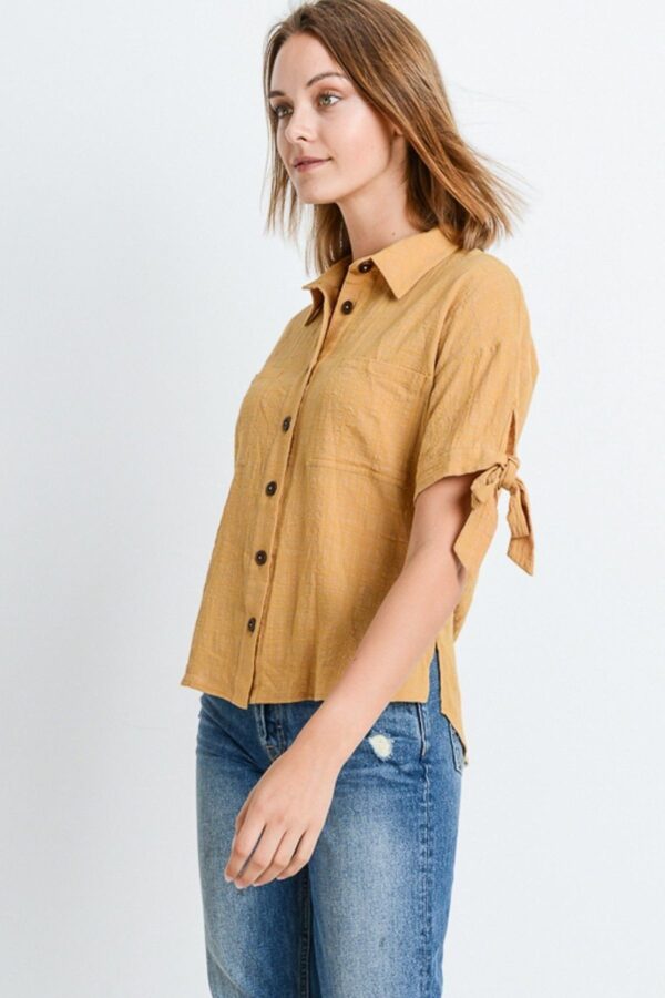 Short-Sleeve Button-Up Top with Tie Sleeves – Mustard