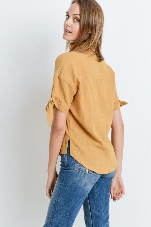 Short-Sleeve Button-Up Top with Tie Sleeves – Mustard