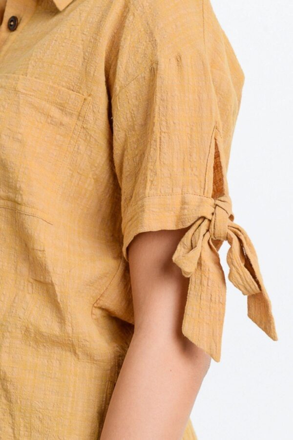 Short-Sleeve Button-Up Top with Tie Sleeves – Mustard