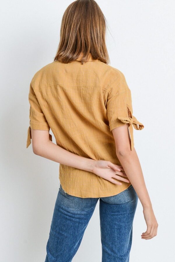 Short-Sleeve Button-Up Top with Tie Sleeves – Mustard
