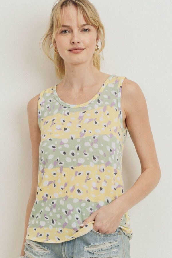 Printed Terry Sleeveless Top with Open Back – Sage/Yellow