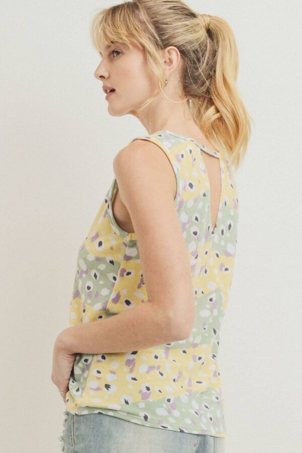 Printed Terry Sleeveless Top with Open Back – Sage/Yellow