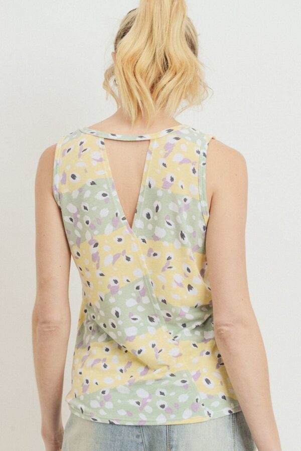 Printed Terry Sleeveless Top with Open Back – Sage/Yellow