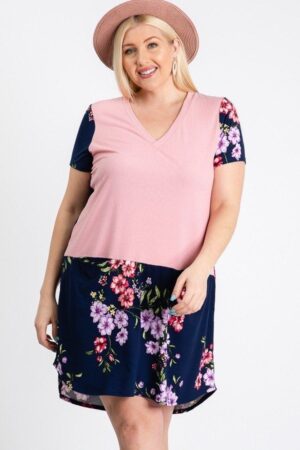 Plus Size Floral-Blocked Midi Dress with Front Pocket – Navy Floral