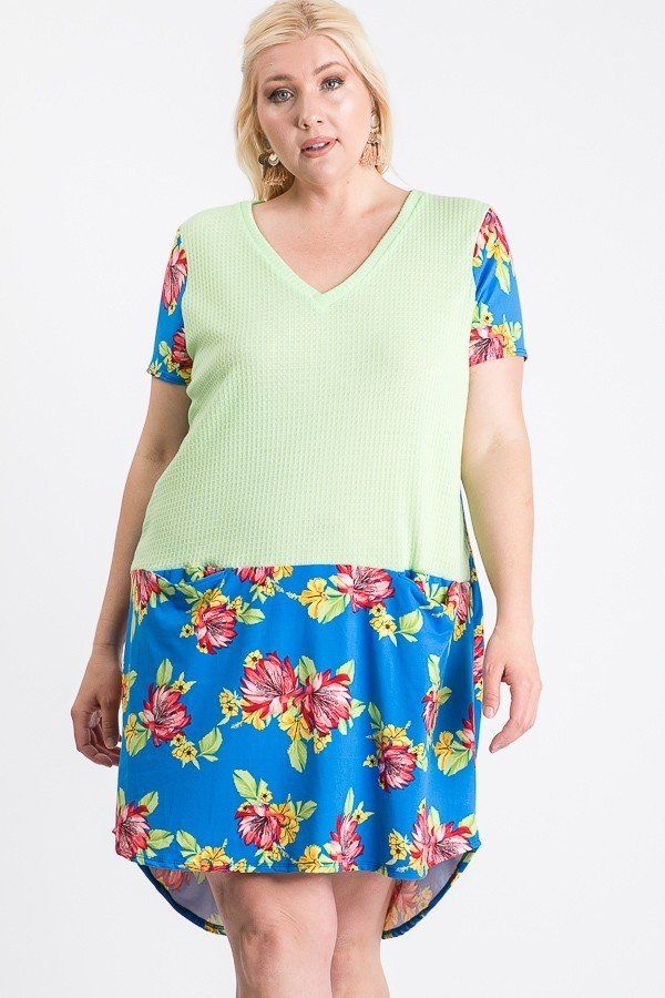 Plus Size Floral-Blocked Midi Dress with Front Pocket