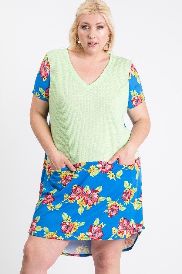 Plus Size Floral-Blocked Midi Dress with Front Pocket