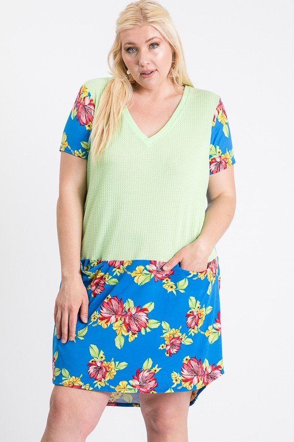 Plus Size Floral-Blocked Midi Dress with Front Pocket