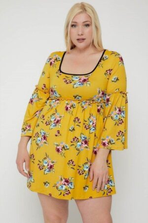 Floral Babydoll Dress with Bell Sleeves – Yellow/Multi