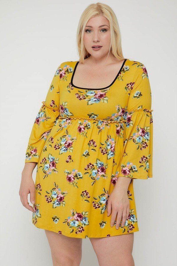 Floral Babydoll Dress with Bell Sleeves – Yellow/Multi