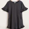 Ruffle Hem Round-Neck Dress with Pockets – Charcoal