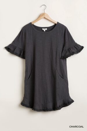 Ruffle Hem Round-Neck Dress with Pockets – Charcoal