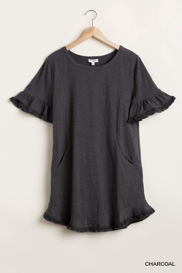 Ruffle Hem Round-Neck Dress with Pockets – Charcoal