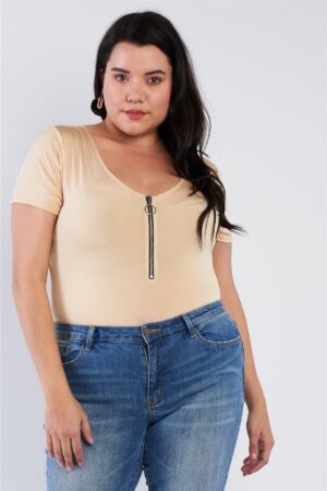 Plus Size Scoop-Neck Bodysuit with Front Zip – Fuchsia