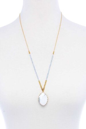 Beaded and Stone Pendant Necklace – White Natural
