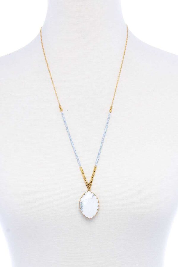 Beaded and Stone Pendant Necklace – White Natural
