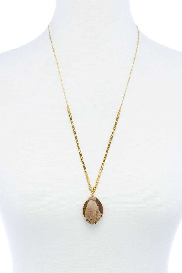 Beaded and Stone Pendant Necklace – White Natural
