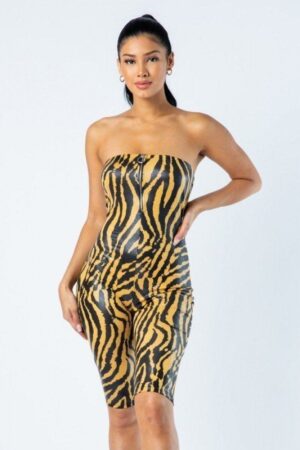 Zebra Tube Romper with O-Ring Front Zipper – Taupe/Black