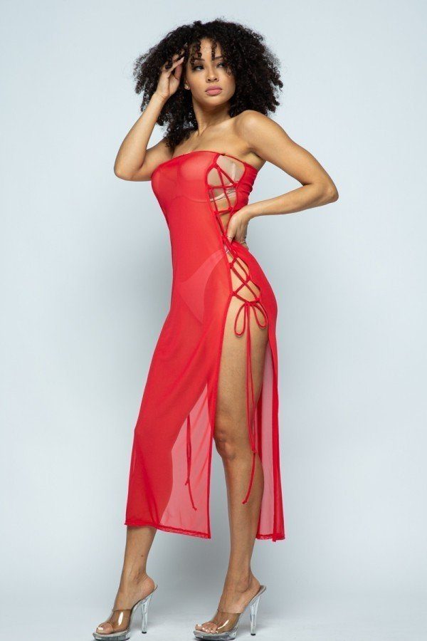 Mesh Side Lace-Up Cover-Up Dress – Red