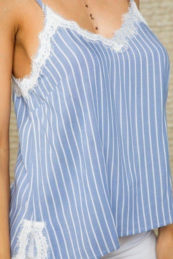 Striped Side-Slit Spaghetti Lace Cami – Light Blue/White