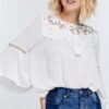 Floral Mesh Lace Yoke Tie-Back Bell Sleeve Blouse – Off White