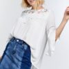 Floral Mesh Lace Yoke Tie-Back Bell Sleeve Blouse – Off White