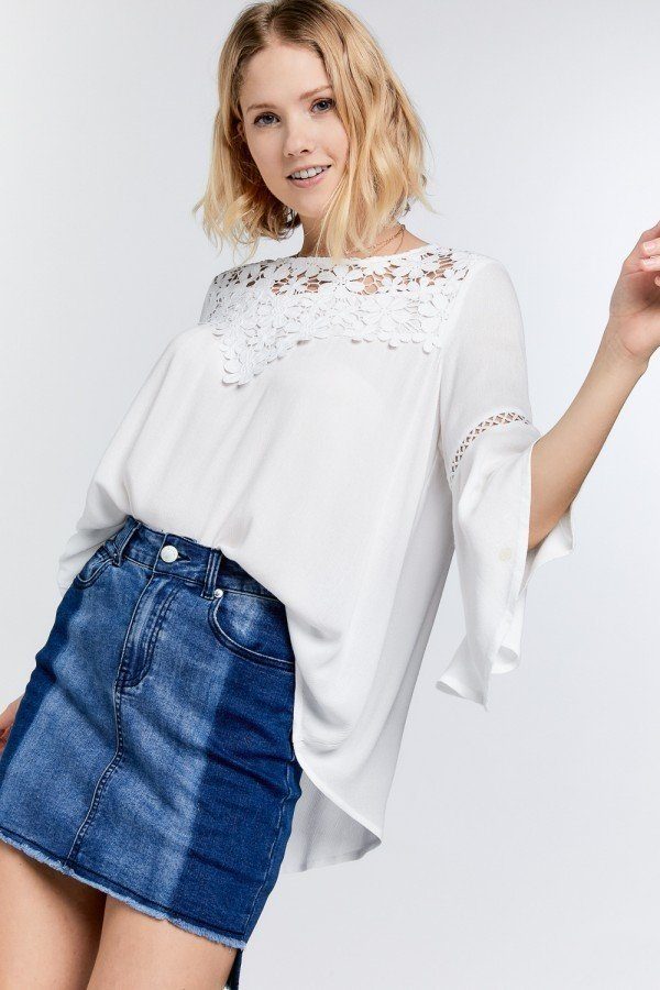 Floral Mesh Lace Yoke Tie-Back Bell Sleeve Blouse – Off White
