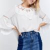 Floral Mesh Lace Yoke Tie-Back Bell Sleeve Blouse – Off White