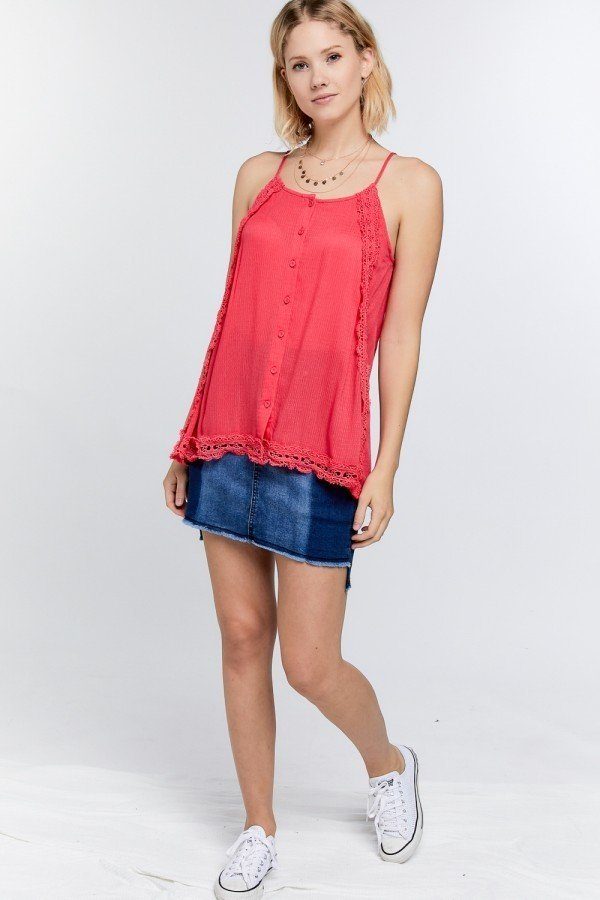 Boho Scallop Lace Layered Cami Top – Coral