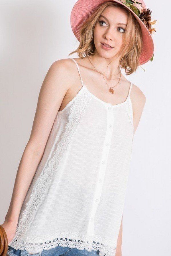 Scallop Lace Button-Down Cami Top – White