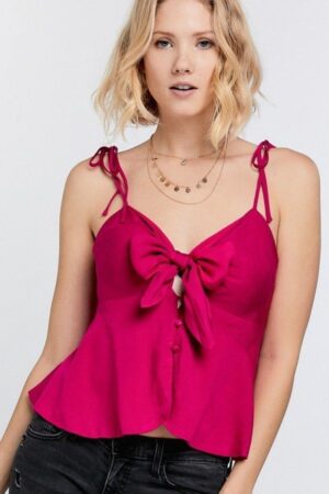 Ruched Twist-Bow Spaghetti Strap Cami Top – Fuchsia