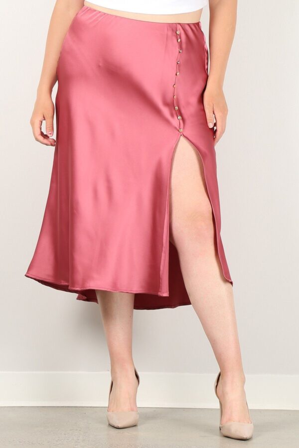 Plus-Size High-Waist Skirt with Button Trim – Rose