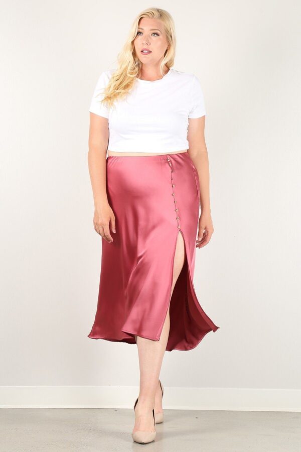 Plus-Size High-Waist Skirt with Button Trim – Rose
