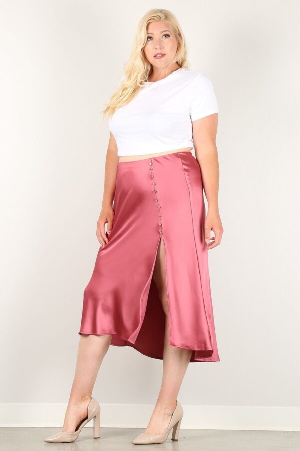 Plus-Size High-Waist Skirt with Button Trim – Rose