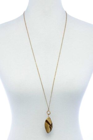 Oval Stone Pendant Long Necklace – Adjustable Metal Chain