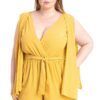 Plus Size Shimmer Romper with Draped Open Sleeves – Yellow