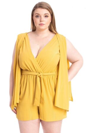 Plus Size Shimmer Romper with Draped Open Sleeves – Yellow