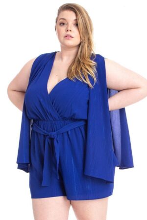 Plus-Size Shimmer Draped Romper with Open Sleeves – Royal