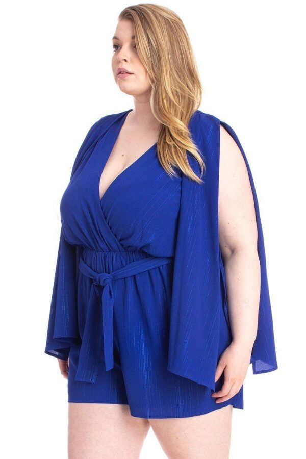 Plus-Size Shimmer Draped Romper with Open Sleeves – Royal