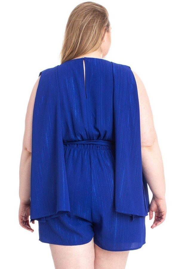 Plus-Size Shimmer Draped Romper with Open Sleeves – Royal