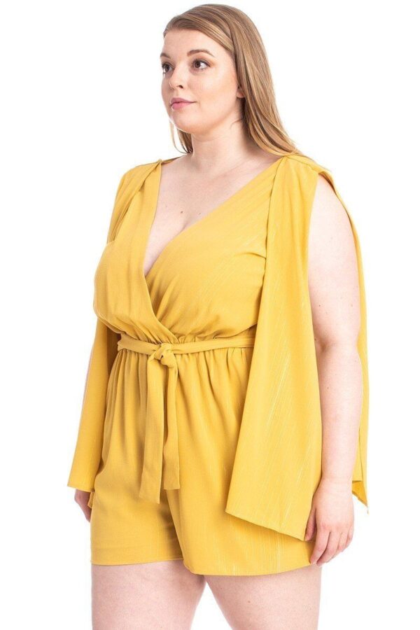 Plus Size Shimmer Romper with Draped Open Sleeves – Yellow