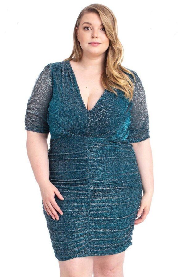 Ribbed Shimmer Shirring Mini Dress – Midnight Blue (Plus Size)