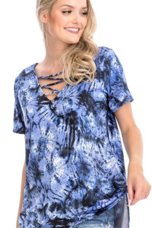 Tie Dye Short Sleeve Top with Cage V-Neck – Blue