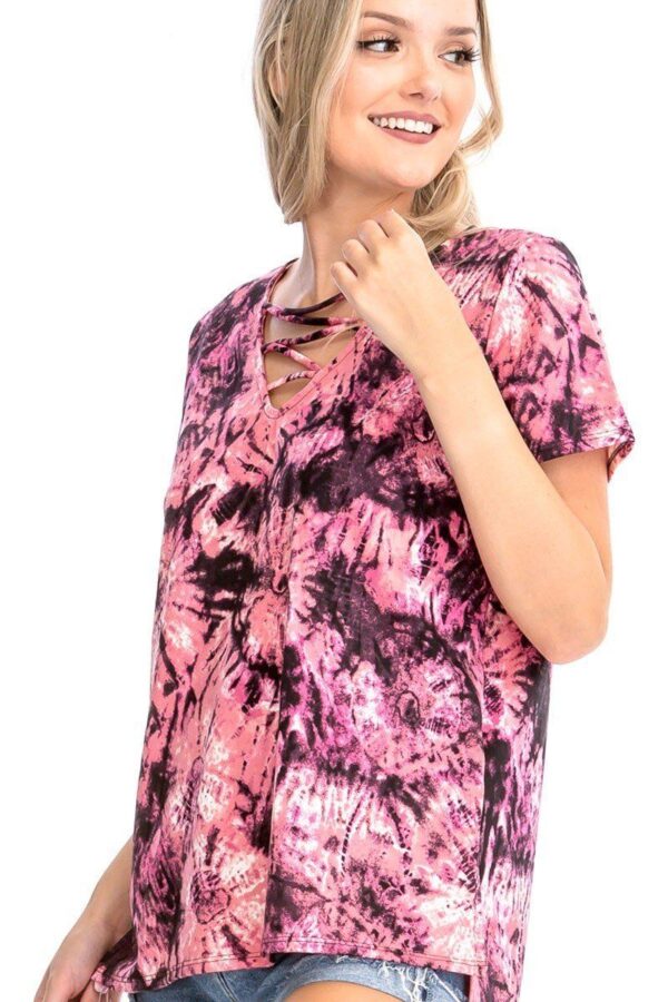 Tie Dye Short Sleeve Top – Caged V-Neck in Fuchsia