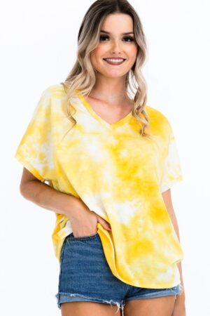 Yellow Tie-Dye V-Neck Top with Cuffed Short Sleeves